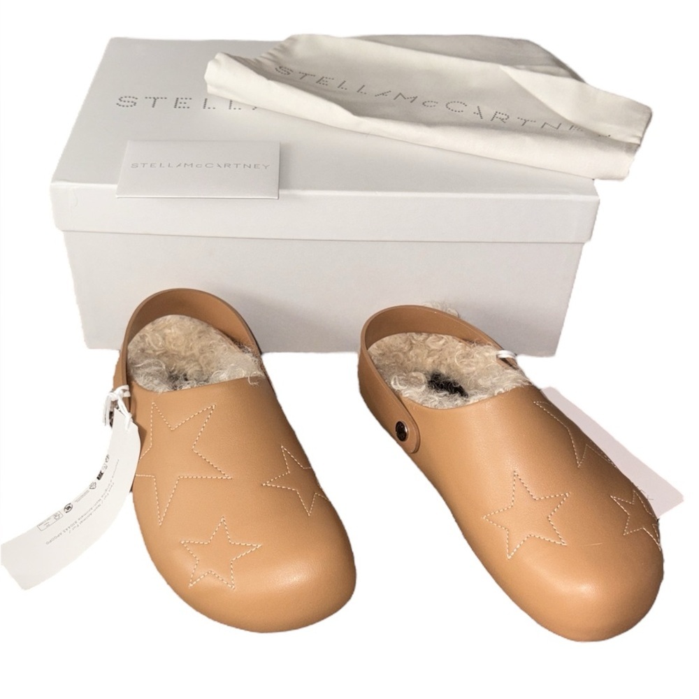 Stella McCartney Star Embroidered Clogs Slingback Sherpa Lining Tan Size 36 NWT